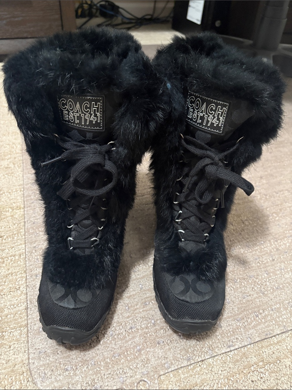 Coach JENNIE Op Art Jacquard Winter Lace-Up Rabbit Fur Boot Black Size 7